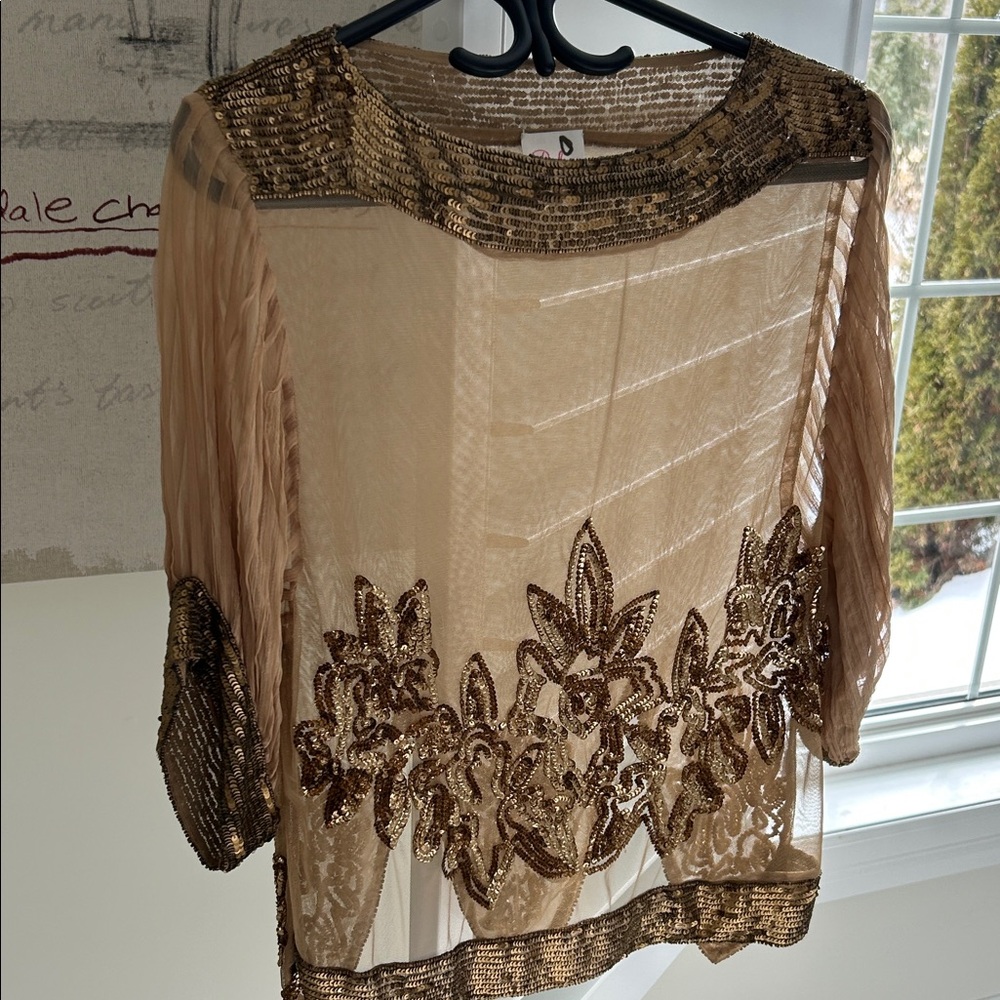 Parker Caramel Gold Sequin Sheer Blouse M Lux +++